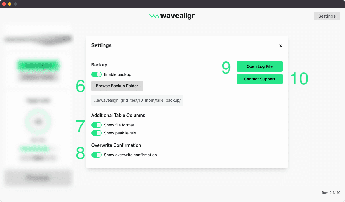 waveAlign Settings Menu