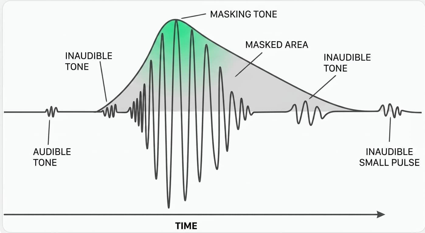 Diagram of psychoacoustic masking showing a loud masking tone hiding nearby quiet tones and pulses, illustrating which audio data an mp3 encoder discards as inaudible