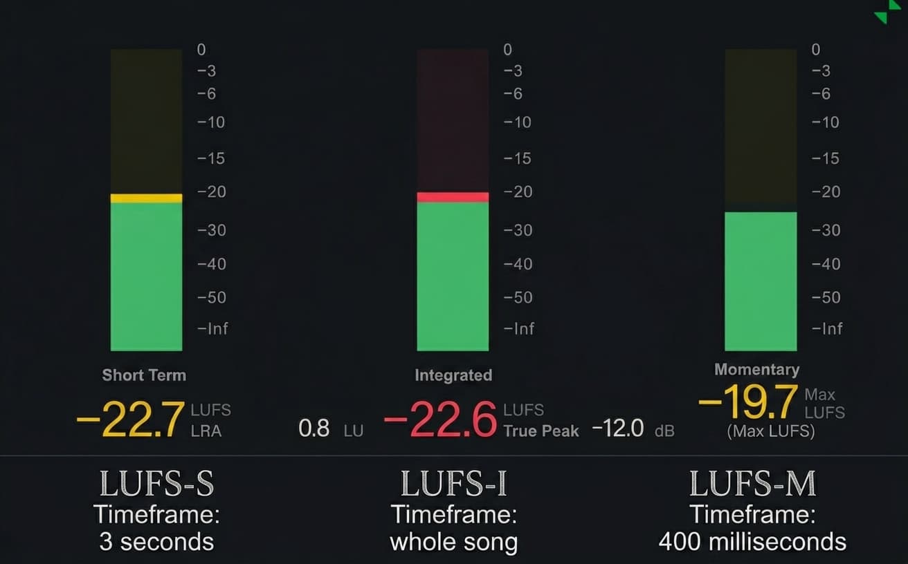 A detailed interface of an audio loudness meter plugin. It features three color-coded vertical bar meters labeled "Short Term," "Integrated," and "Momentary," with numerical readings of -22.7, -22.6, and -19.7 LUFS, respectively