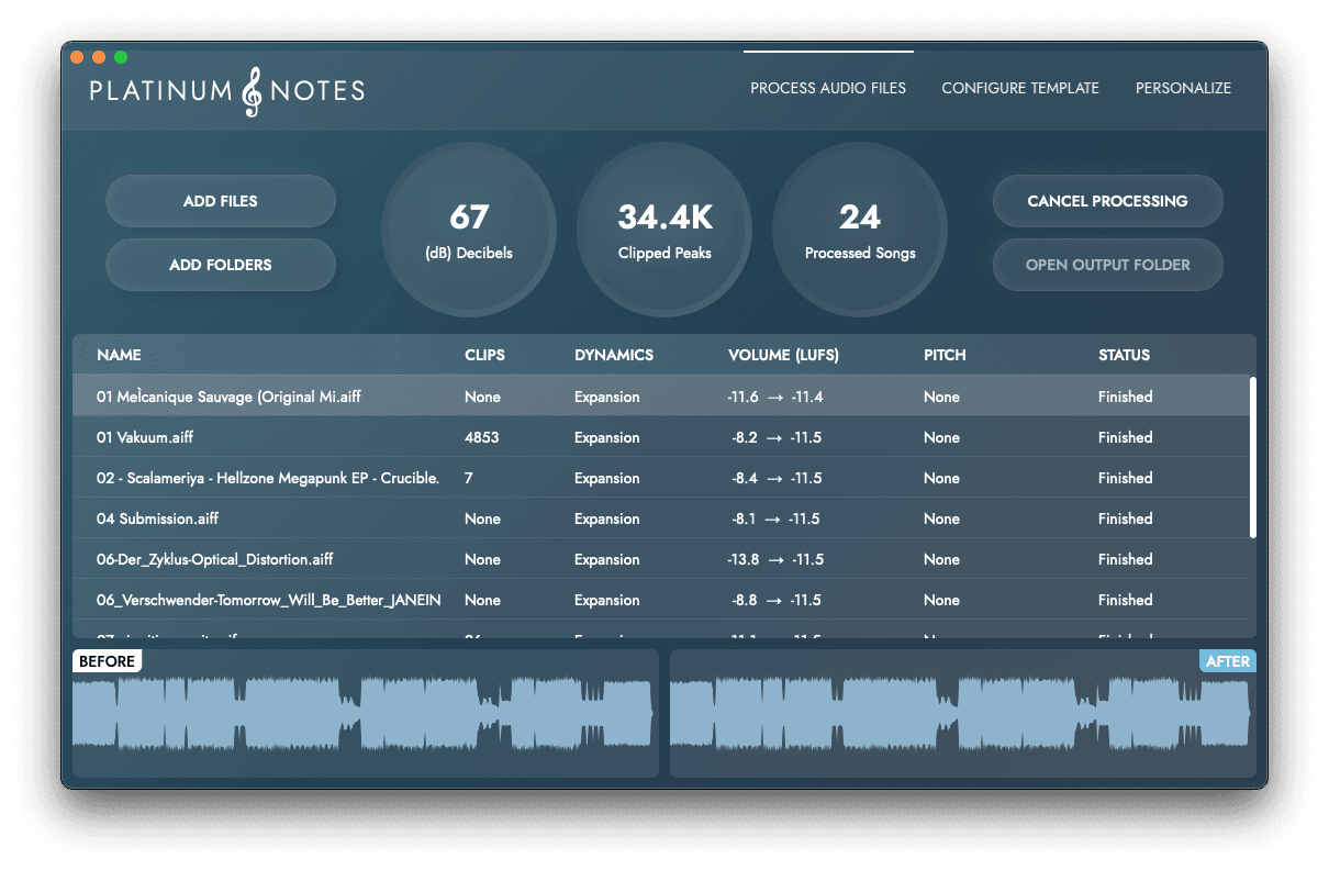 Platinum Notes interface processing a batch of tracks, normalizing loudness and repairing clipped peaks