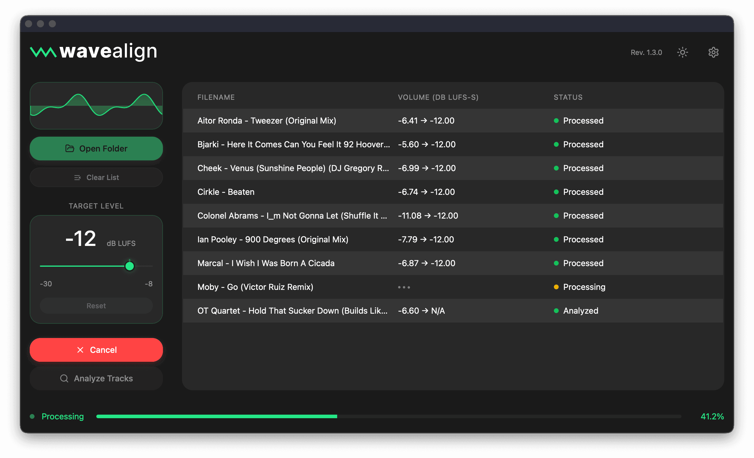 the waveAlign application currently processing a variety of different tracks to a common loudness of -12 db LUFS