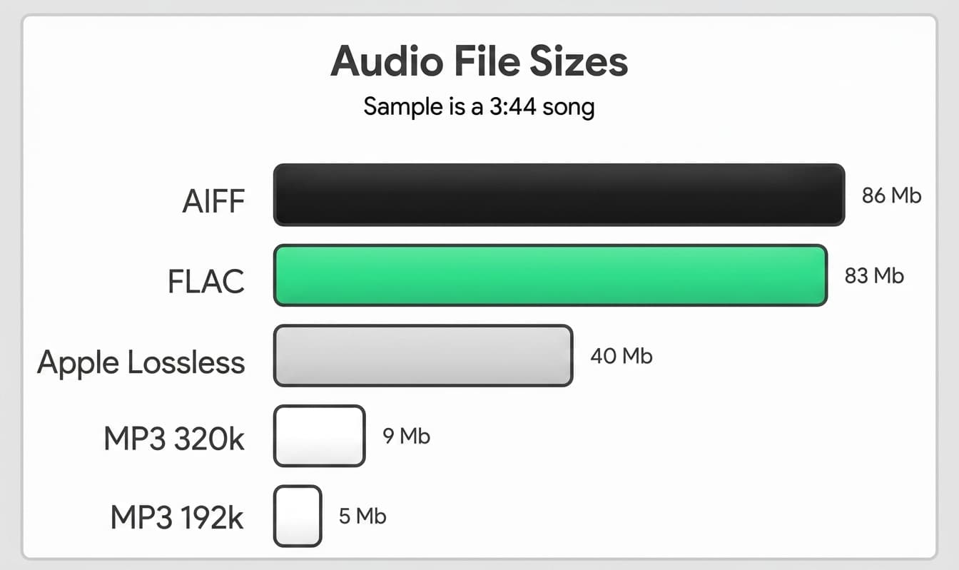 Bar chart comparing audio file sizes for a 3:44 song across AIFF, FLAC, Apple Lossless, 320 kbps MP3, and 192 kbps MP3, showing MP3 files are dramatically smaller than lossless formats