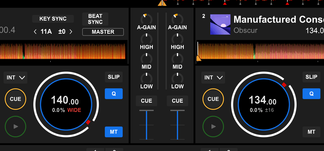 rekordbox Auto Gain (A-GAIN) controls at the top of each channel in the Mixer section