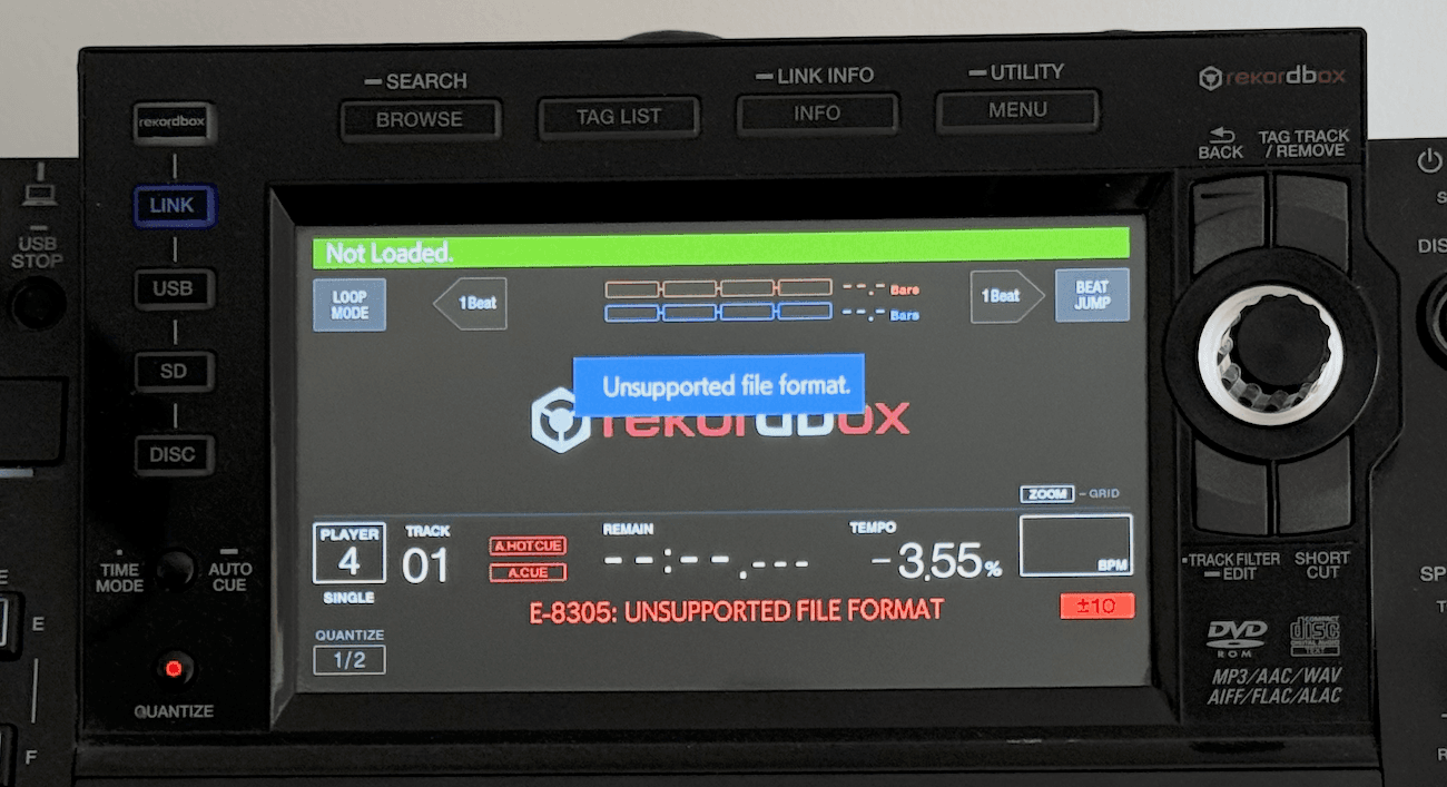 Pioneer CDJ screen showing E-8305 unsupported file format error,