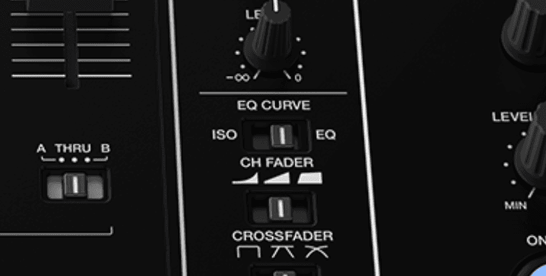 An image of a Pioneer mixer showing the switch to change the EQ curve between ISOLATOR and EQ mode