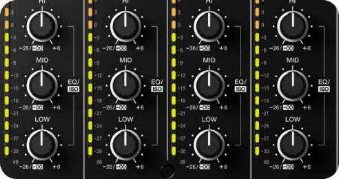 Pioneer DJM mixer EQ section showing HI, MID and LOW knobs with the EQ/ISO toggle switch on each channel