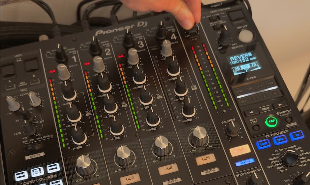 A Pioneer DJ Mixer where all channels are clipping